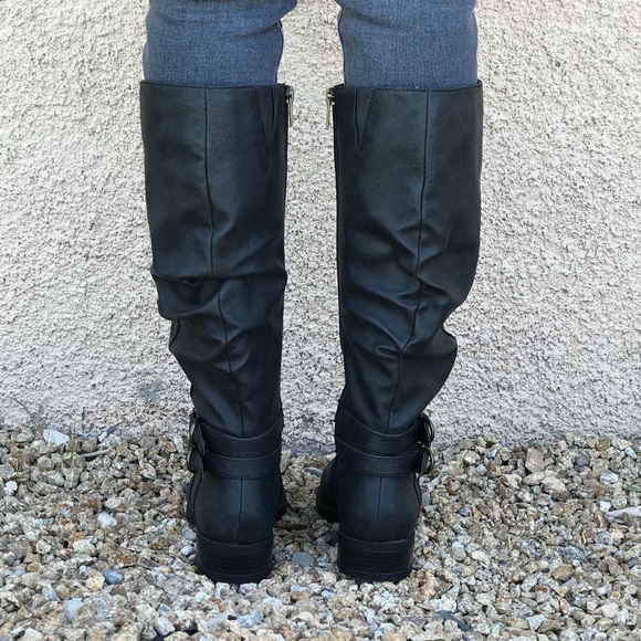 Black Knee High Double Buckle Boots - Picture 4 of 4